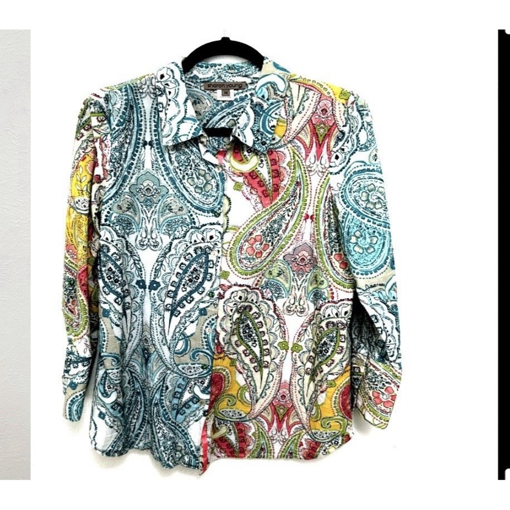 Sharon Young Top‎ Sz M Blue Colorful Artsy Abstract Floral Long Sleeve Button Up